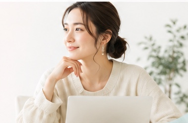 ノートパソコンを使いながら相談内容を考える女性のイメージ